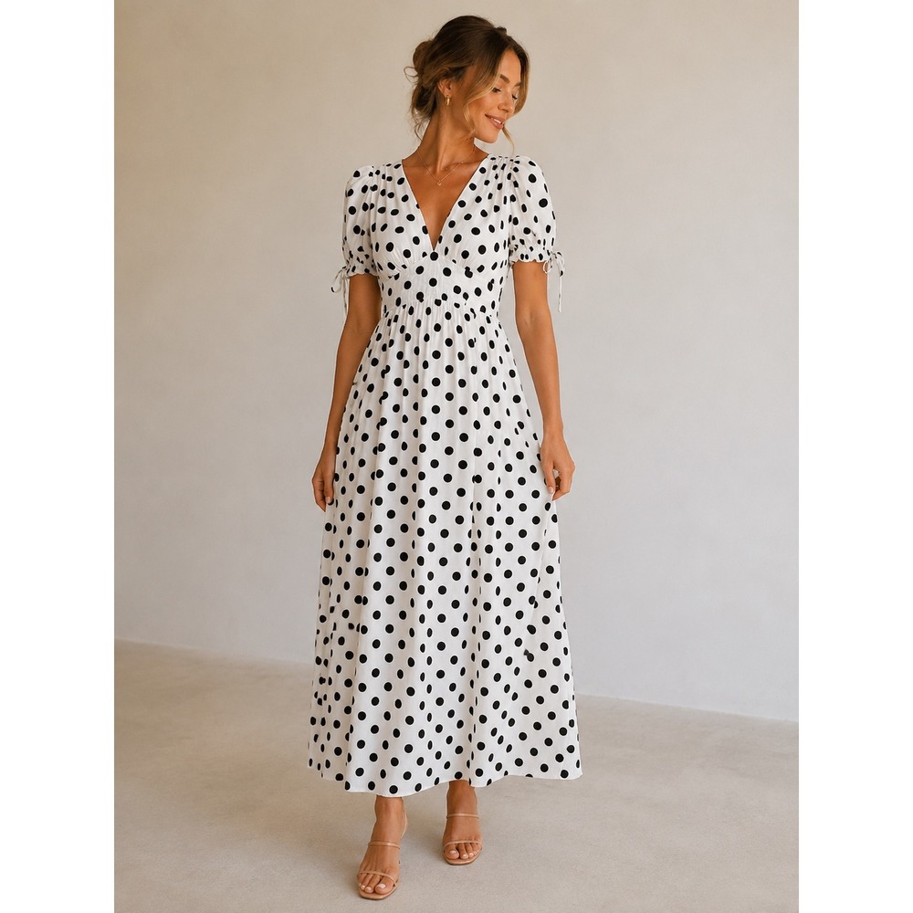 Faithfull The Brand White Black Polka Dot Midi Dress V-Neck Puff Sleeve Size 8 L
